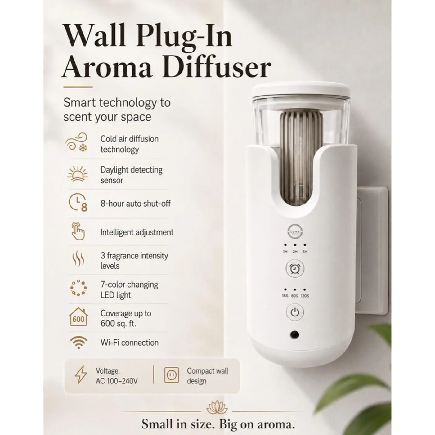 Wall Plug-In Aroma Diffuser White Smart Technology Cold Air Diffusion Daylight Sensor 8-Hour Auto Shut-Off 3 Intensity Levels 7-Color LED Light Wi-Fi Connection