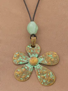 1pc Vintage Verdigris Patina Large Hammered Five Petal Flower Necklace , Retro Large Pendant Necklaces, Adjustable Beads 35 Inch Wax Rope Necklace Jewelry,Party Jewelry Gift for Women