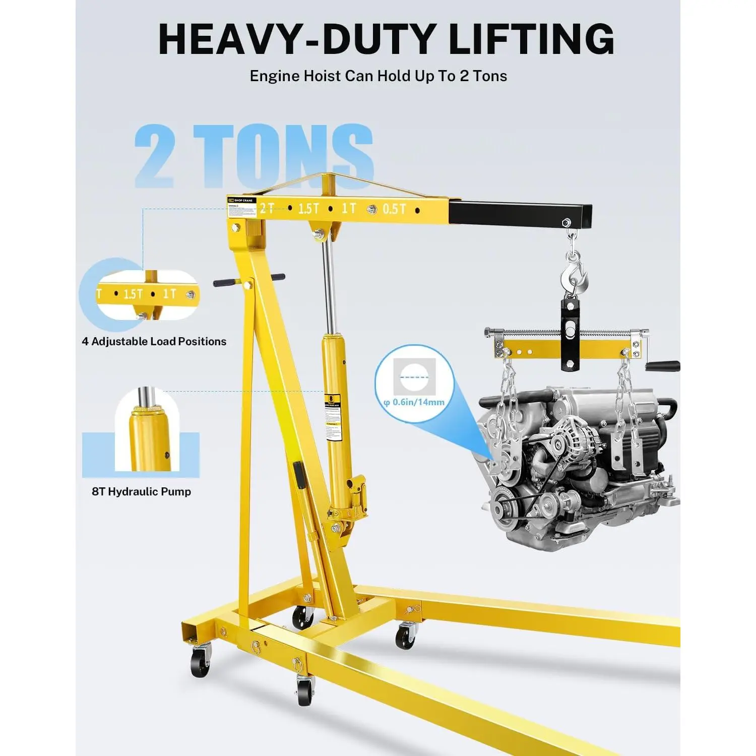 2 Ton Folding Hydraulic Engine Crane, 4400 Lbs Engine Hoist Workshop Crane Lifting Cherry Picker with Telescopic Boom and Outriggers and Hook, Heavy Duty Steel Electric Hoist,Yellow