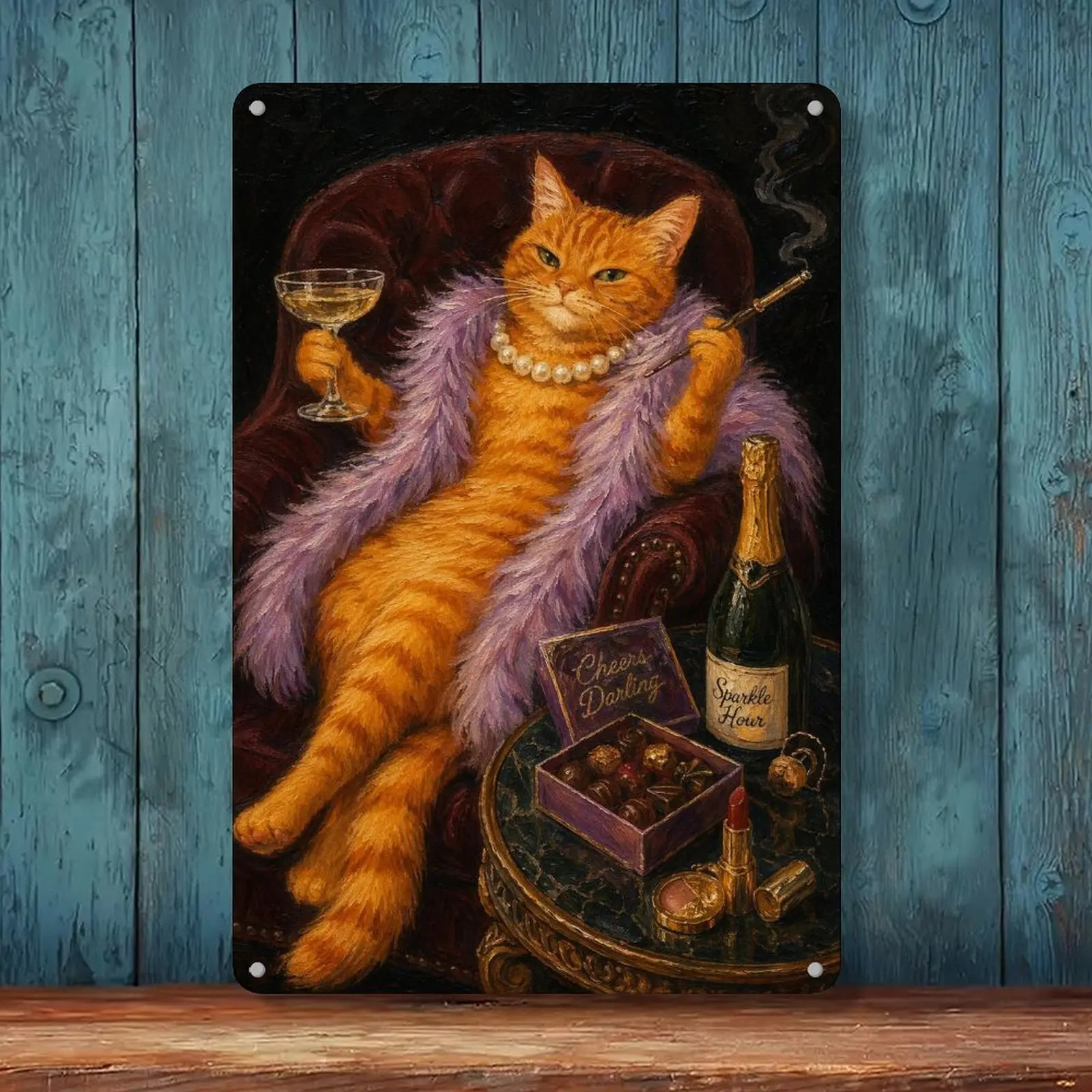 8x12in Rectangular Retro Look Orange Cat Lady Oil Painting Metal Tin Sign - UV-Printed HD Durable Luxury Wall Decoration, Feline Plaque Collectibles for Bedroom, Bar, Custom Gift Home Decor, Indoors