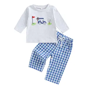 Toddler Baby Boy Golf Outfit Golf Cart Embroidery Crewneck Long Sleeve Sweatshirt and Plaid Pants Set Fall Clothes