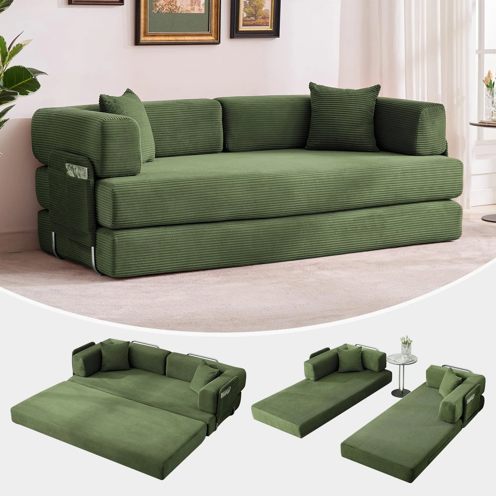 Garvee 5-in-1 Convertible Modern Corduroy Sofa Bed - 78.8in Modular Extendable Convertible Sleeper Couch, Sturdy Frame, Adjustable Arms, No Assembly Needed, Ideal for Small Spaces, Living Room Furniture - Green