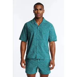 Relaxed Disco Plunge Geometric Cuban Collar Button Up Shirt - Teal/combo