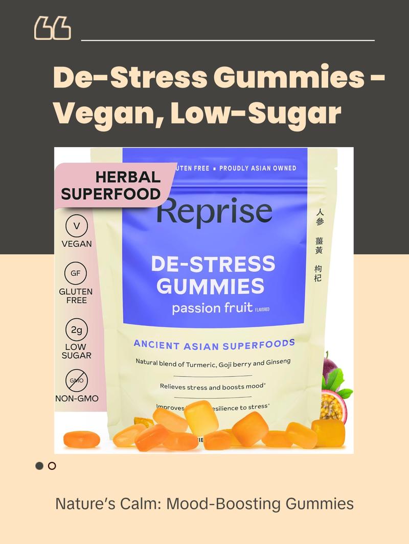 De-Stress Gummies with American Ginseng, Turmeric, and Goji - Assist with Stress Relief & Mood Boost, All-Natural Relaxation, Low-Sugar, 45 Vegan Gummies, Passion Fruit De-Stress Gummies with American Ginseng, Turmeric, and Goji - Assist with Stress Relief & Mood Boost, All-Natural Relaxation, Low-Sugar, 45 Vegan Gummies, Passion Fruit