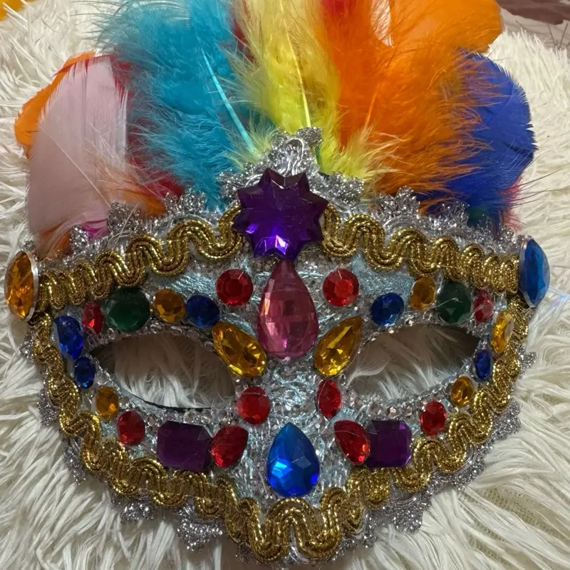 Oya Corona Santeria Mask - Colorful Feathered Mask with Gemstones for Makeup and Festive Wear - Mascara