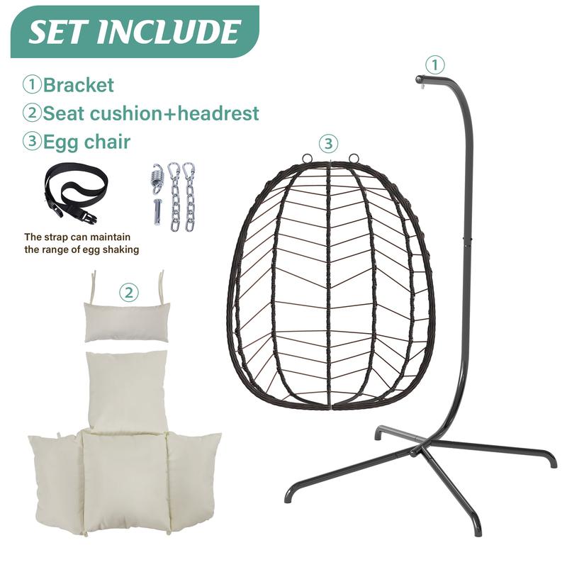 Hanging Egg Chair with Stand – Handwoven Rattan Patio Swing with Cushion, 350lb Capacity – Indoor/Outdoor Chic for Patio, Garden & Poolside