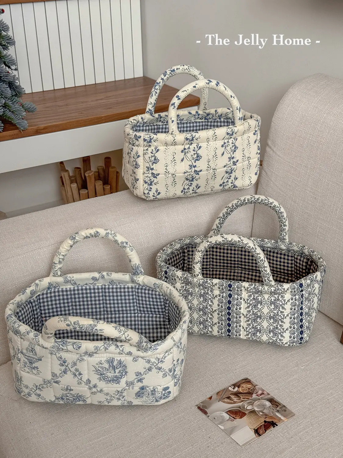 French-style vine print storage basket, stitched fixed design, portable handheld carry, desktop organizer, universal storage basket for small items, available in multiple colors