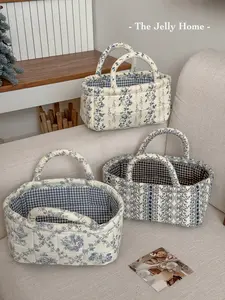 French-style vine print storage basket, stitched fixed design, portable handheld carry, desktop organizer, universal storage basket for small items, available in multiple colors