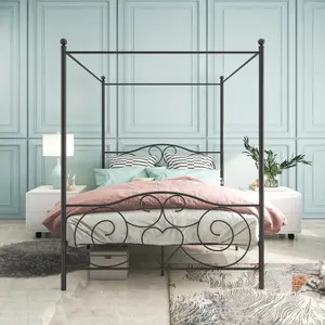 Queen Size Canopy Bed Frame with Headboard and Foot board, Metal Platform Bed Frame with 4 Removable Sturdy Posts, Noise Free, No Box Spring Needed