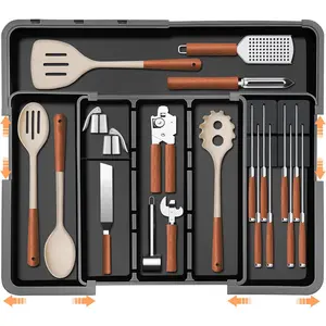 Large Utensil Drawer Organizer for Kitchen, Expandable Silverware Organizer Utensil Holder, Cutlery and Flatware Cooking Tray, Kitchen Drawer Organizers and Storage with Removable Knife Block, Black