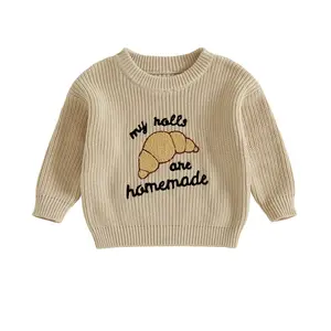 Thanksgiving Baby Girl Boy Outfit My Rolls are Homemade Embroidery Chunky Knit Sweater Shirt Long Sleeve Pullover Tops Cute Baking Bread Toddler Fall Winter Warm Clothes