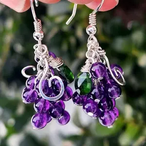 Khushiana - Grapevine Amethyst Cluster Earrings | Sterling Silver Grape Inspired Dangle Earrings with Chrome Diopside / Woman Accessories