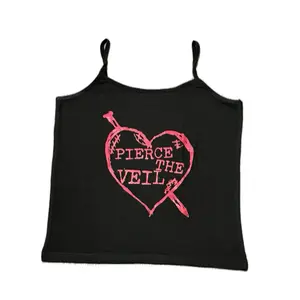 Pierce the Veil PTV Spaghetti Strap Tank Top Stylish Casual Wear Music Lovers Gift Black with Red Heart Graphic Design Sleeveless Womenswear