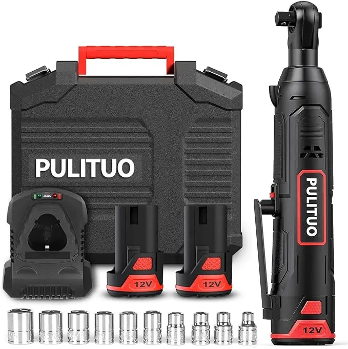 【FathersDayGift】PULITUO 12V Cordless Ratchet Wrench 3/8", 40 Ft-Lbs, 300RPM, Electric Power Tool with Battery & Charger, Power Tools, Battery-Powered Cordless Tools