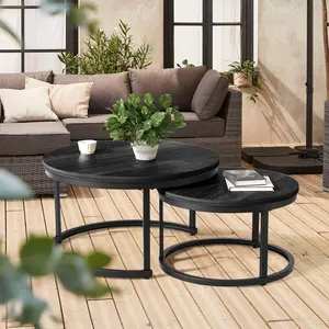 Set of 2 Black Round Coffee Tables – Contemporary Nesting Side Tables with Sturdy Metal Legs & Smooth Top, Modern Accent Tables for Living Room & Office