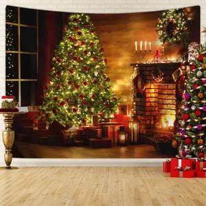 Christmas Tree Fireplace Pattern Tapestry, 1 Count Festive Tree Tapestry, Party & Evening Atmosphere Photography Background Cloth, Home Decor