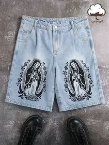 1 Piece Men's Denim Jean Shorts Vintage Washed Distressed Style Our Lady of Guadalupe Print Loose Fit Knee Length Cotton Shorts for Men Streetwear Hip Hop Casual Daily Wear