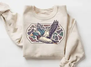 Camo Flying Mallard Bird Old School Camo Sweatshirt,  Sublimated Vintage Gildan Sweatshirt, Crewneck 90s Waterfowl Duck Sweatshirt, Retro Duck Shirt, Duck Hunting Crewneck