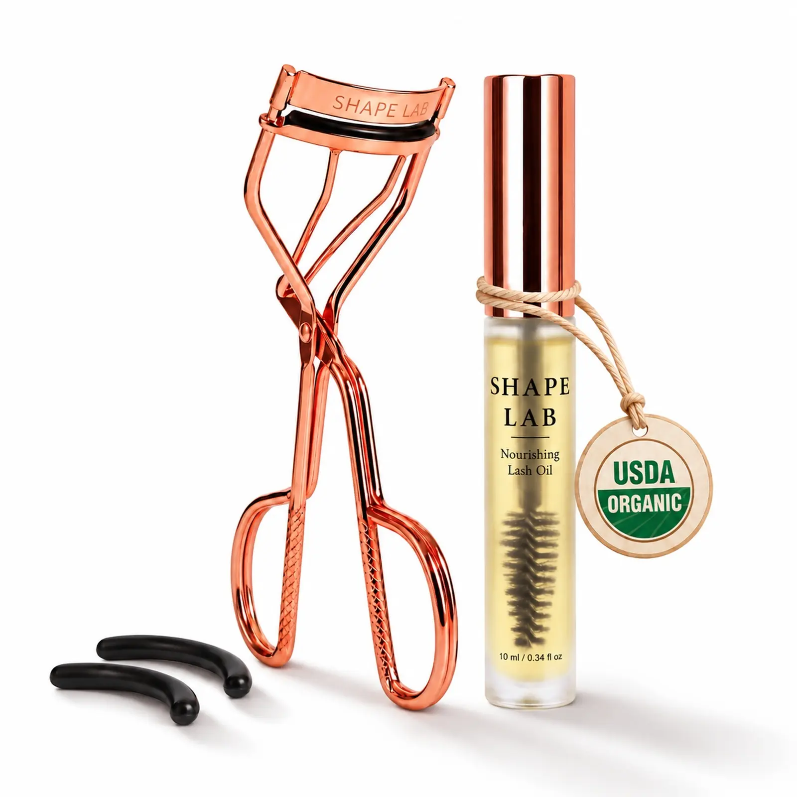 Eyelash Curler Kit with USDA Organic Castor Oil, Rose Gold Precision Lash Curler & Nourishing Lash Oil Set by Shape Lab