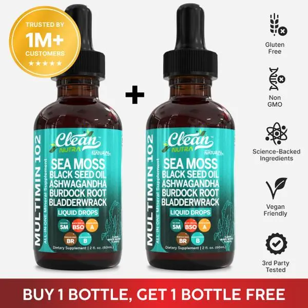 Clean Nutra BOGO Offer | Sea Moss, Black Seed Oil, Ashwagandha, Burdock Root, Bladderwrack & More for Wellness & Health Liquid Drops - Multimin 102 Clean Nutra BOGO Offer | Sea Moss, Black Seed Oil, Ashwagandha, Burdock Root, Bladderwrack & More for Wellness & Health Liquid Drops - Multimin 102