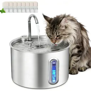 2.2L Cat Water Fountain, Stainless Steel Automatic Pet Drinking Fountain with 8 Filters, Silent Design, Water Level Window & Accessories