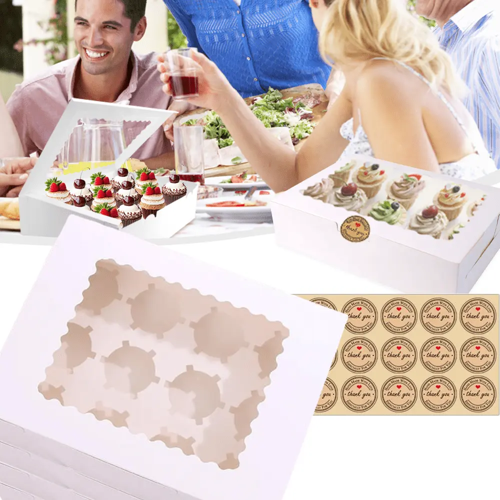12PCS Cupcake Boxes With Stickers, 12 Count Cupcake Container with Window,  White Cupcake Holder Holding 144 Cupcakes for Birthday Holiday Party Bakery Supplies