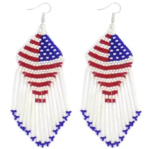 AMERICAN PATRIOTIC  RED BLUE WHITE FLAG BEADED HANDMADE LONG EARRINGS E15/57