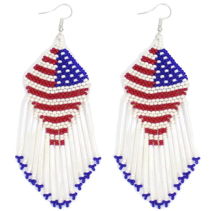 AMERICAN PATRIOTIC  RED BLUE WHITE FLAG BEADED HANDMADE LONG EARRINGS E15/57