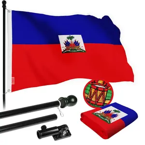 G128 Combo Pack: 6 Ft Tangle Free Spinning Flagpole (Black) & Haiti Flag 3x5 Ft Embroidered 220GSM Spun Polyester, Brass Grommets (Flag Included) Aluminum Flag Pole
