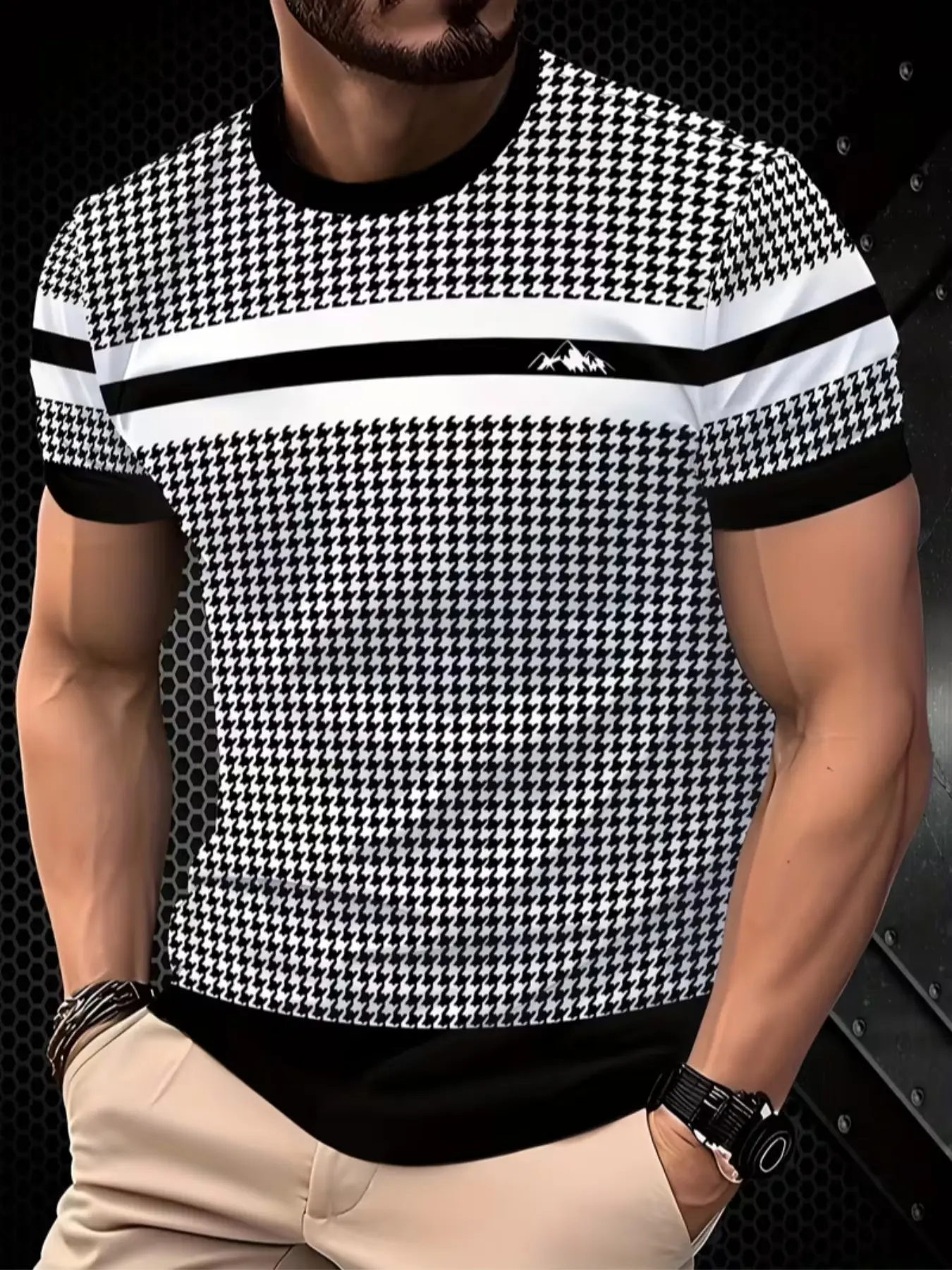 Men's Casual Fitted Short Sleeve T-Shirt, Checkered Print, Breathable Knitted Fabric, Round Neck, Street Style, Streetwear