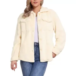 INSPIRE CHIC Women's Faux Fur Lapel Collar Button Down Outerwear Fleece Jacket X-Large Beige