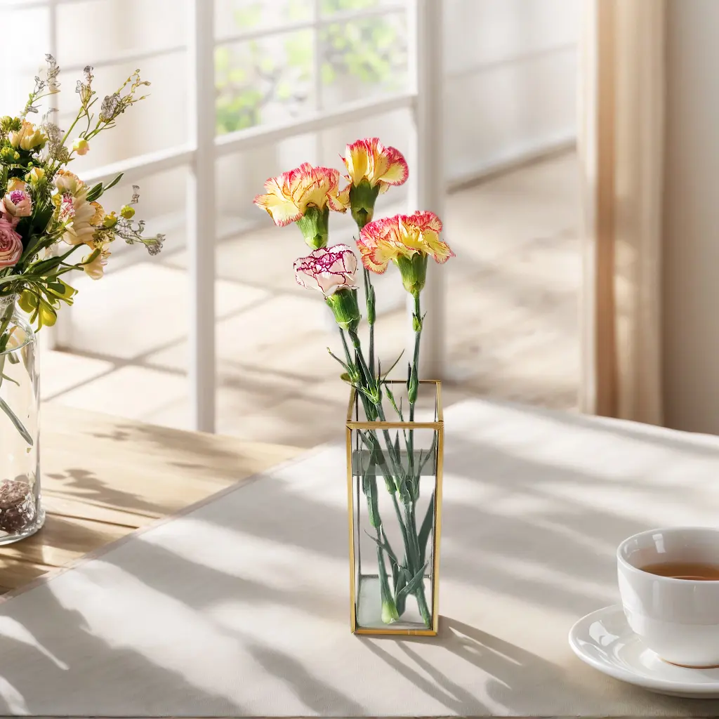 A 0.5L tall and slender square desktop glass vase with gold - inlaid edges,  no welding points, and waterproof, suitable for Valentine's Day,  Mother's Day, and Christmas. Decor Flower Metal Antique