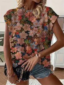 Spring/Summer collection, round neck raglan sleeves, loose fit, floral color-block print short-sleeve women's knit top. Vacation style, casual & elegant for commuting. Ladies' short-sleeve knit top, bikini cover-up.