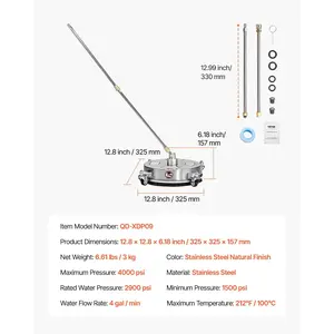 VEVOR 14 Pressure Washer Surface Cleaner, Stainless Steel Pressure Washer Attachments with 4 Wheels, 4000 Max PSI, 1/4 Quick Connector, 2 Spray Nozzles, 2 Extended Wands for Concrete, Patio, Deck