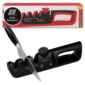 SKILO Premium 4 in 1 Knife Sharpener [4 Stage] | Non-Slip Grip, Easy to Hold | Stainless Kitchen Knife Sharpener for Scissors, Coarse, Crude, Fine Sharpness with Adjustable Angle Knob - (Black)