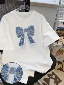 Patchwork Butterfly Embroidery Loose Fit Women's T-Shirt, Casual Style, Comfortable and Stylish, Perfect for Daily Wear