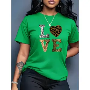 Women's 100% Cotton Printed T-Shirt - Smooth Fabric, Round Neck, Short Sleeves, Leopard Print, Letter & Heart Graphic Motifs, Flattering Fit, Fashionable Casual Sporty Top