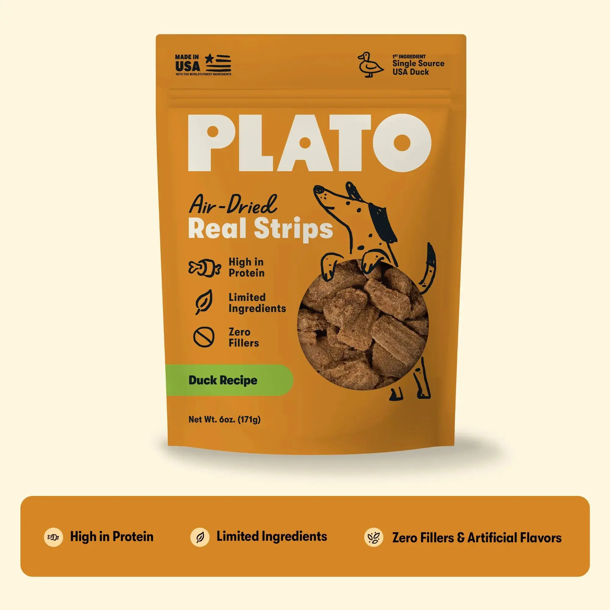 Plato Real Duck Strips Natural High-Protein Dog Treats, High-Protein Boost Pet Snacks for Canine Rewards, High Protein Treats