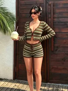 Vibrant Striped Long Sleeve Cardigan & Short Set, Summer Lightweight Beach Vacation Knit Hollow Out Cover-Up Two-Piece Set, Casual Slim-Fitting
