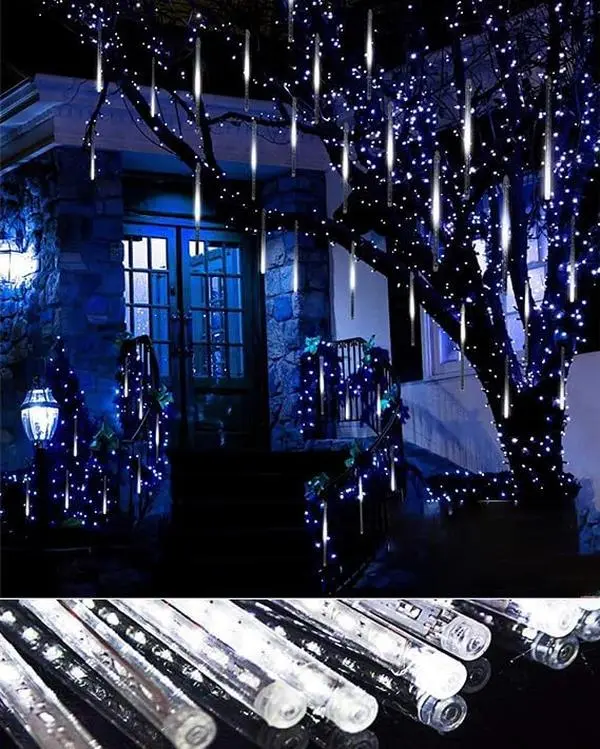 Christmas Outdoor Falling Rain Drop Lights - 10 Tubes 240 LEDs IP65  UL Listed Meteor Shower Icicle String Lights - Luces de Navidad para Exterior - Gifts for Xmas Tree Decor White