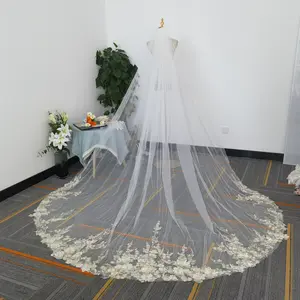 Colorful floral lace wedding veil, elegant pink flowers wedding veil,ivory tulle veil with green leaves, Ivory soft tulle bridal veil