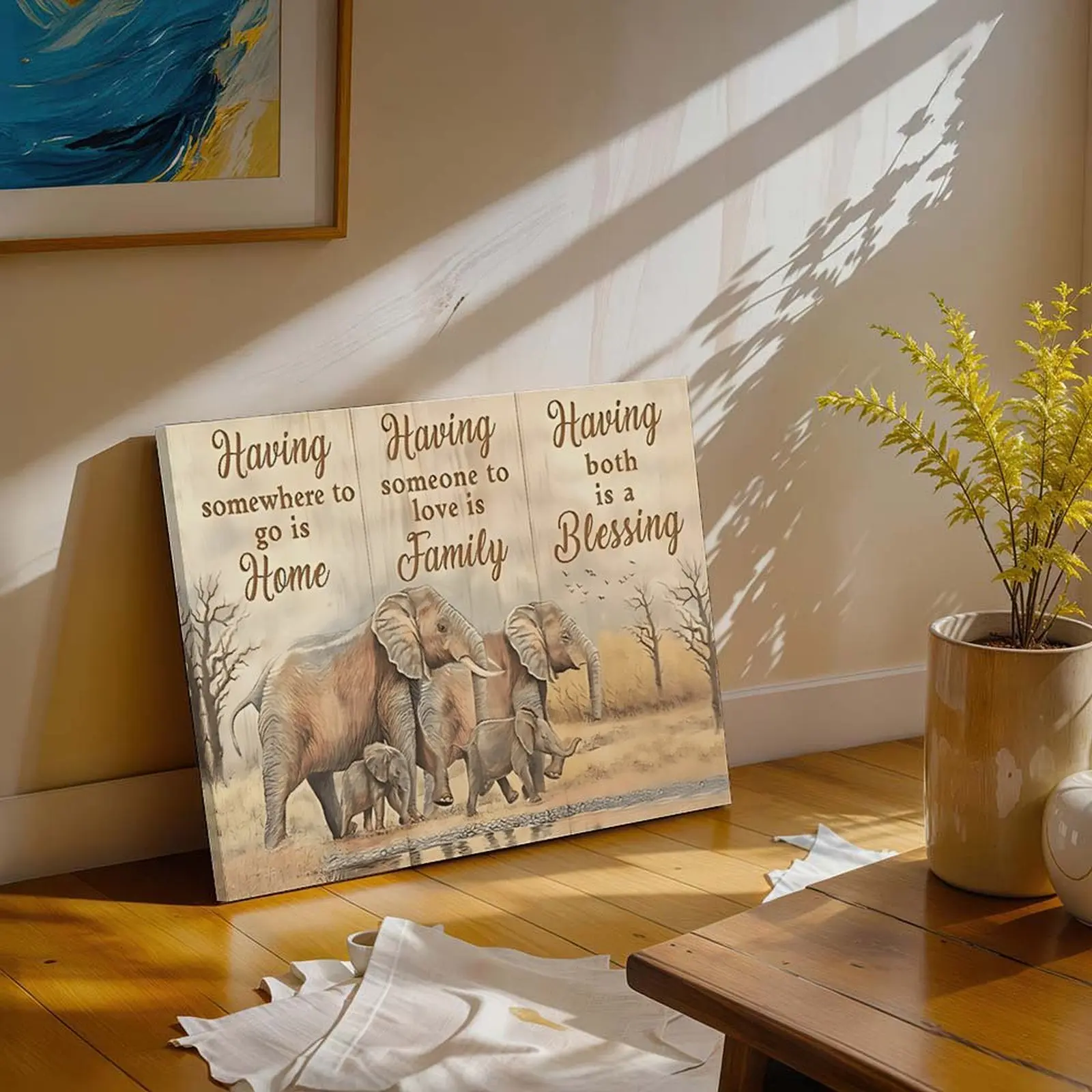 Nature Print Animal Elephant Family Heart-Shaped Decorative Canvas Wall Mural - Direct-Hang Easy-Install Wooden Home Decor, No-Fuss Fit for Bedroom, Bathroom