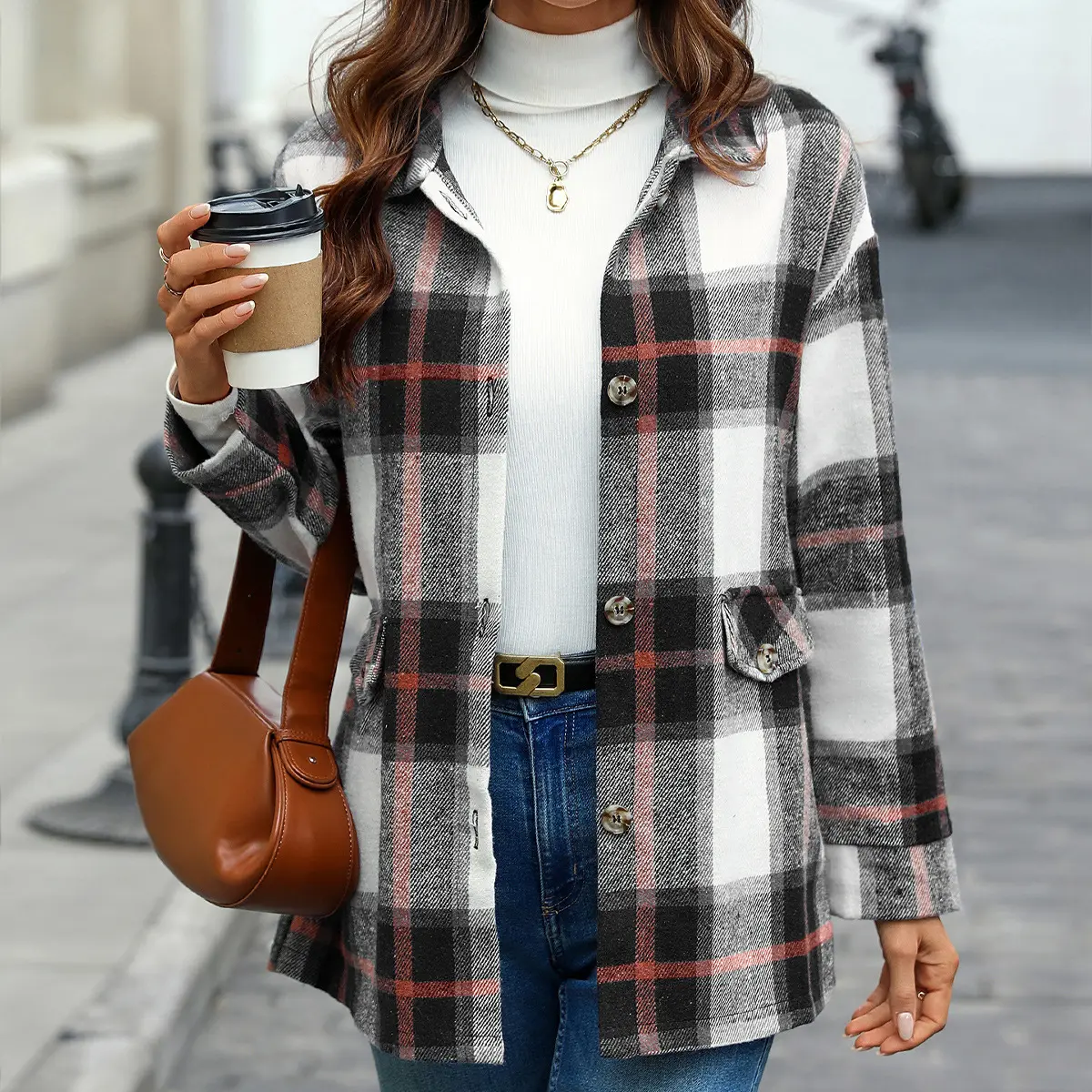 YESFASHION Women's Plaid Faux Wool Shacket - Button-Down Collar, Flap Pockets, Drop Shoulders, Long Sleeves, Thick Layering Outerwear for Fall Winter Casual Streetwear Preppy Style (Dark Orange, Black, S-XL) XYZ