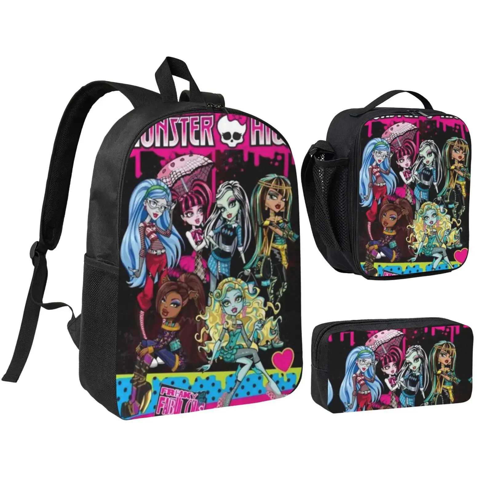 Monster High Lightweight Backpack Set With Lunchbox And Pen Pouch A Great Backpack 17inch For Traveling Rucksack Draculaura Daypack Cleo de Nile lunchbag