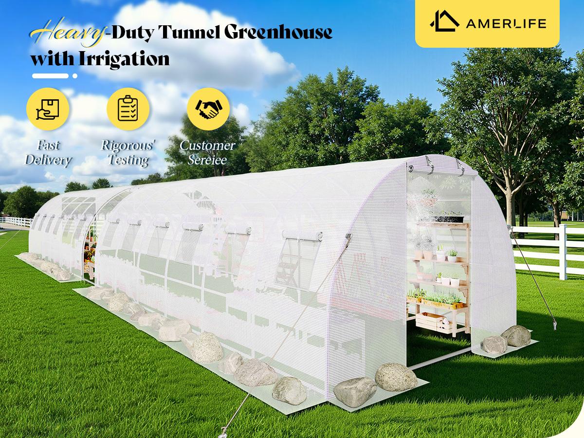 [Ships in 2 Boxes] AMERLIFE 34x10x7 FT Large Walk-in Tunnel Greenhouse for Outdoors with Watering System 2 Zipper Rolling Doors, Heavy Duty Greenhouse Enhanced Galvanized Steel Frame 14 Windows
