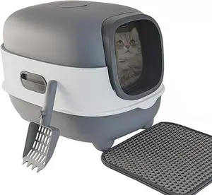 Large Cat Litter Box with Cat Litter Scoop, Foldable Litter Box with Lid, Front Entry and Exit Leak-Proof Litter Cat Box, Odor Control, Easy to Clean (Grey)