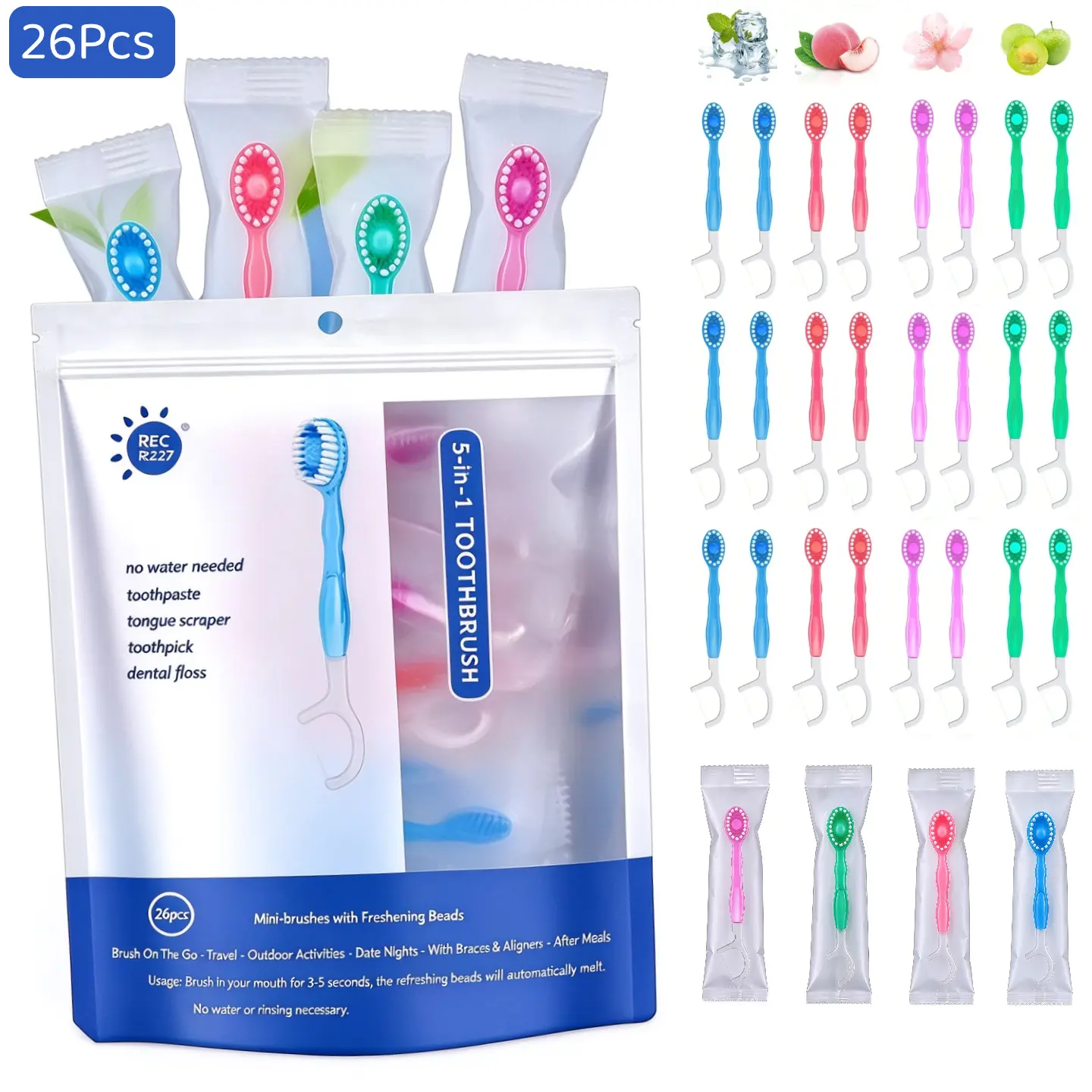 26PCS 5-in-1 Dental Care Set | Breath Freshening Oral Hygiene Kit with Assorted Flavors | Soft Bristle Toothbrush Floss Tongue Cleaner Toothpick for Travel Office Camping Everyday Use