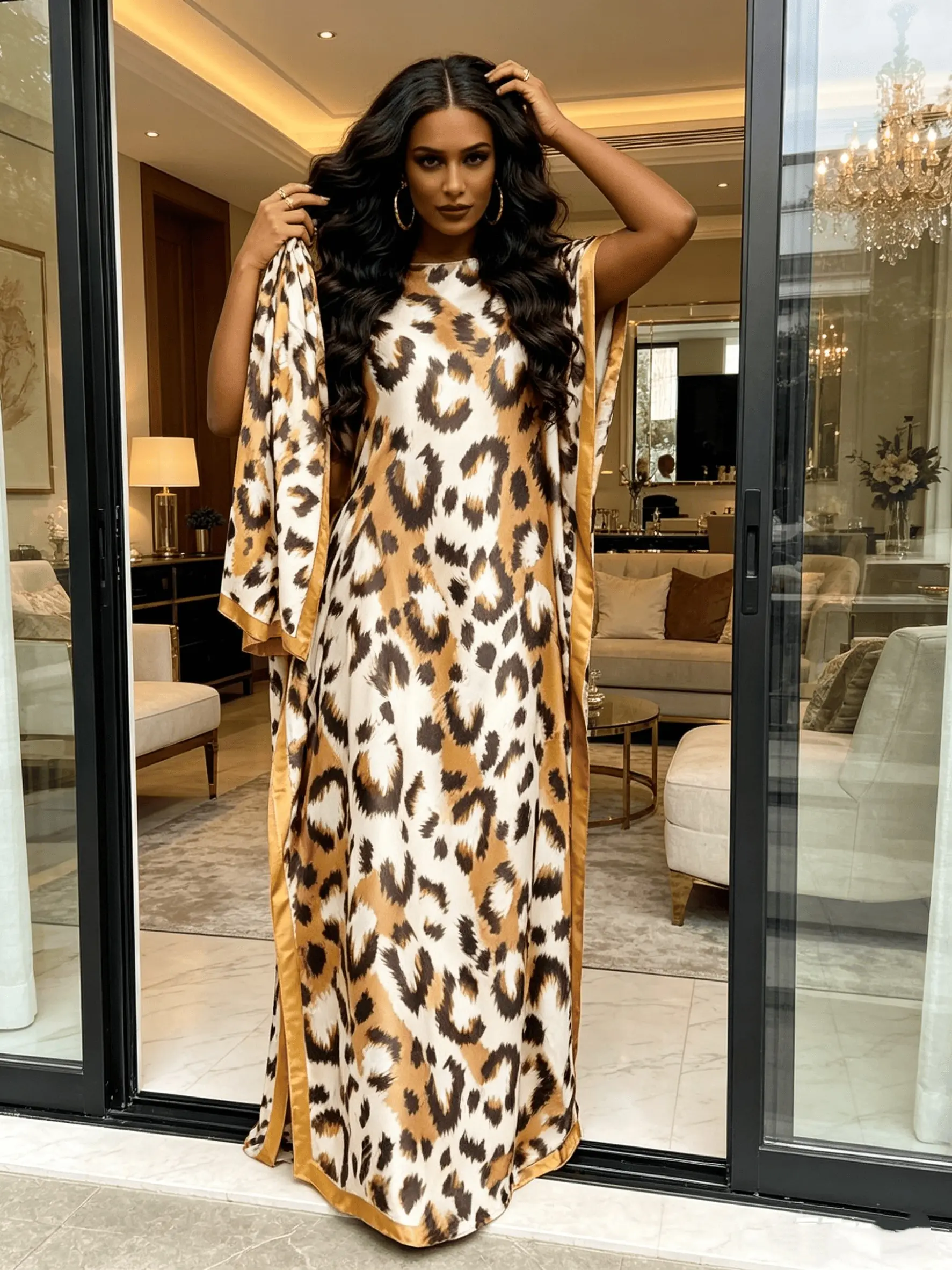 2026 New Women's 2 Piece Classic Leopard Print Kaftan Maxi Dress with Matching Scarf, Silky Loose Pleated Robe, Plus Size Friendly, Summer Beach Cover Up, Resort Vacation & Evening Party Wear