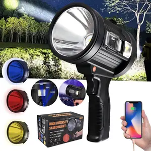 Rechargeable LED Spotlight Flashlight with Solar Panel, High Brightness Handheld Searchlight for Hunting Camping Boating Emergency, Outdoor Portable Light with Battery Pack