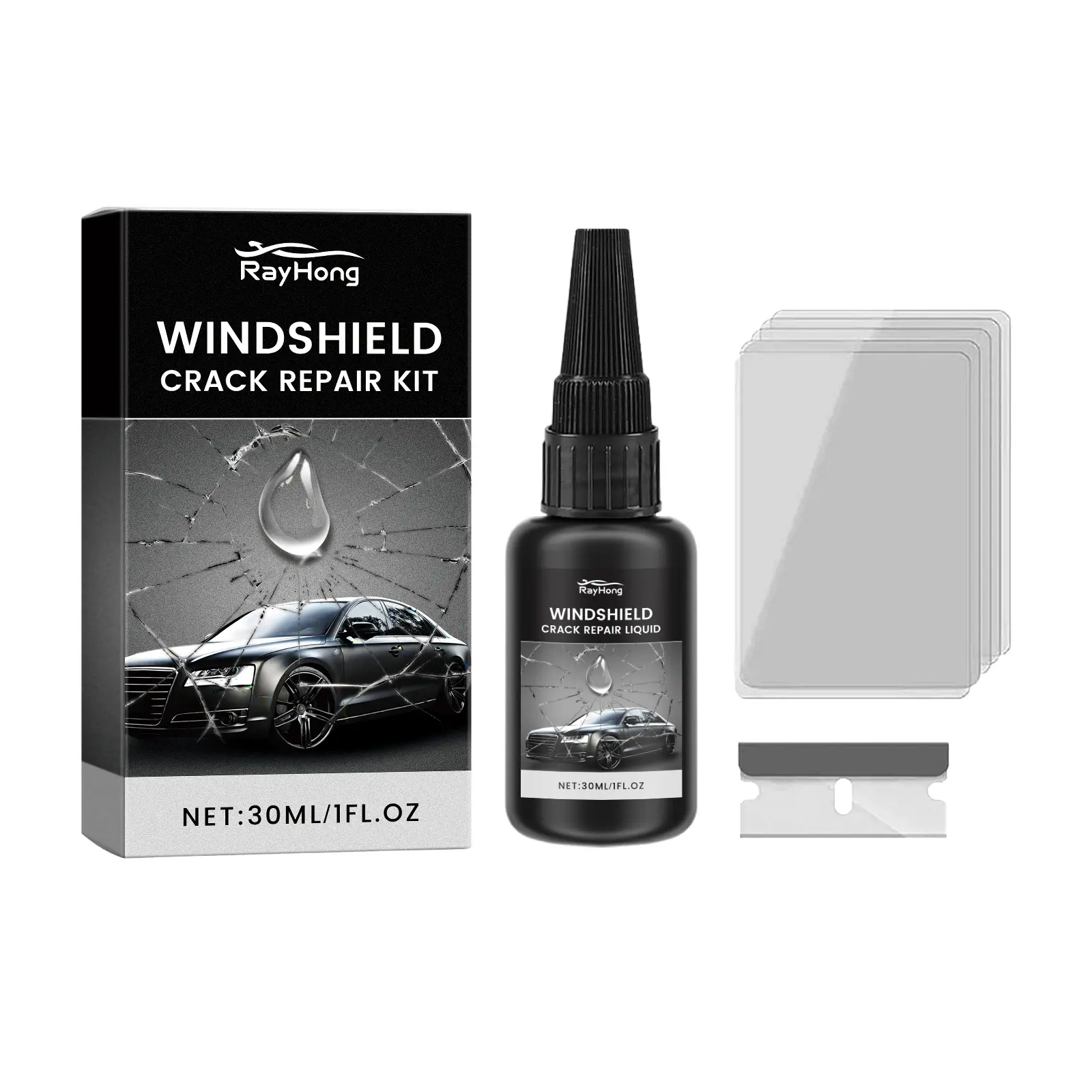 RayHong DIY Windshield Crack Repair Kit for Cars, Easy to Use Auto Glass Repair Liquid for Chips, Cracks, Bullseyes, and Scratches